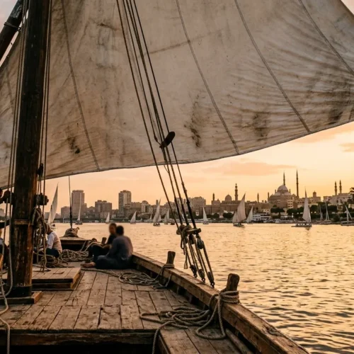 create 2 images for: Felucca trip on the Nile in Cairo