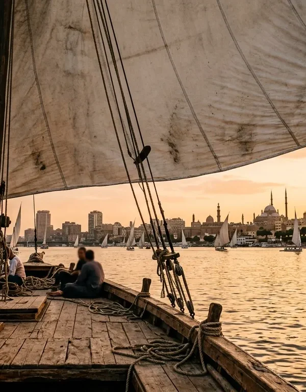 create 2 images for: Felucca trip on the Nile in Cairo