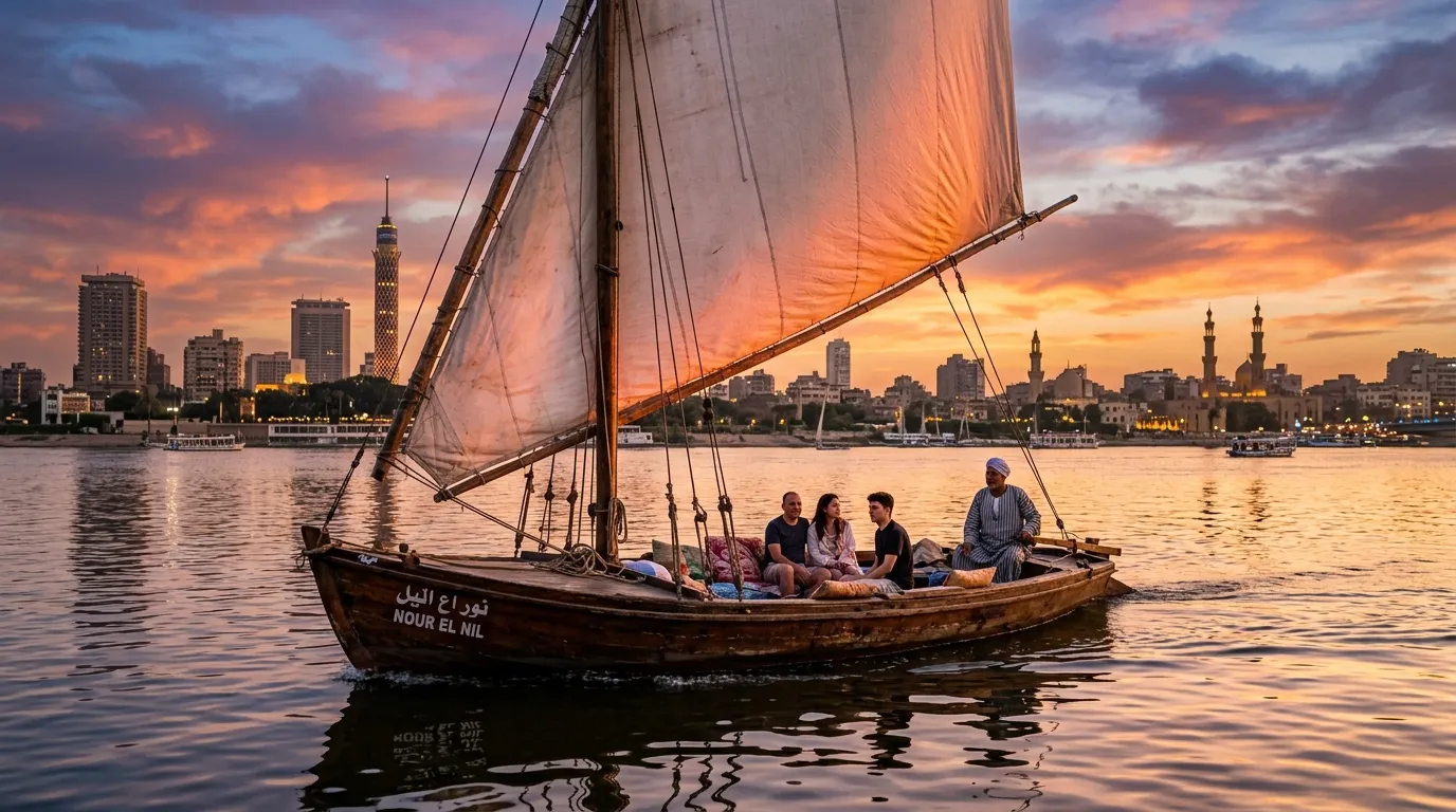 create 2 images for: Felucca trip on the Nile in Cairo